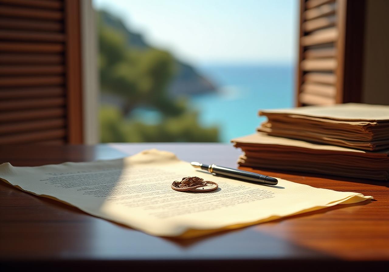 Antico archivio storico con documenti legali e una vista sul litorale italiano